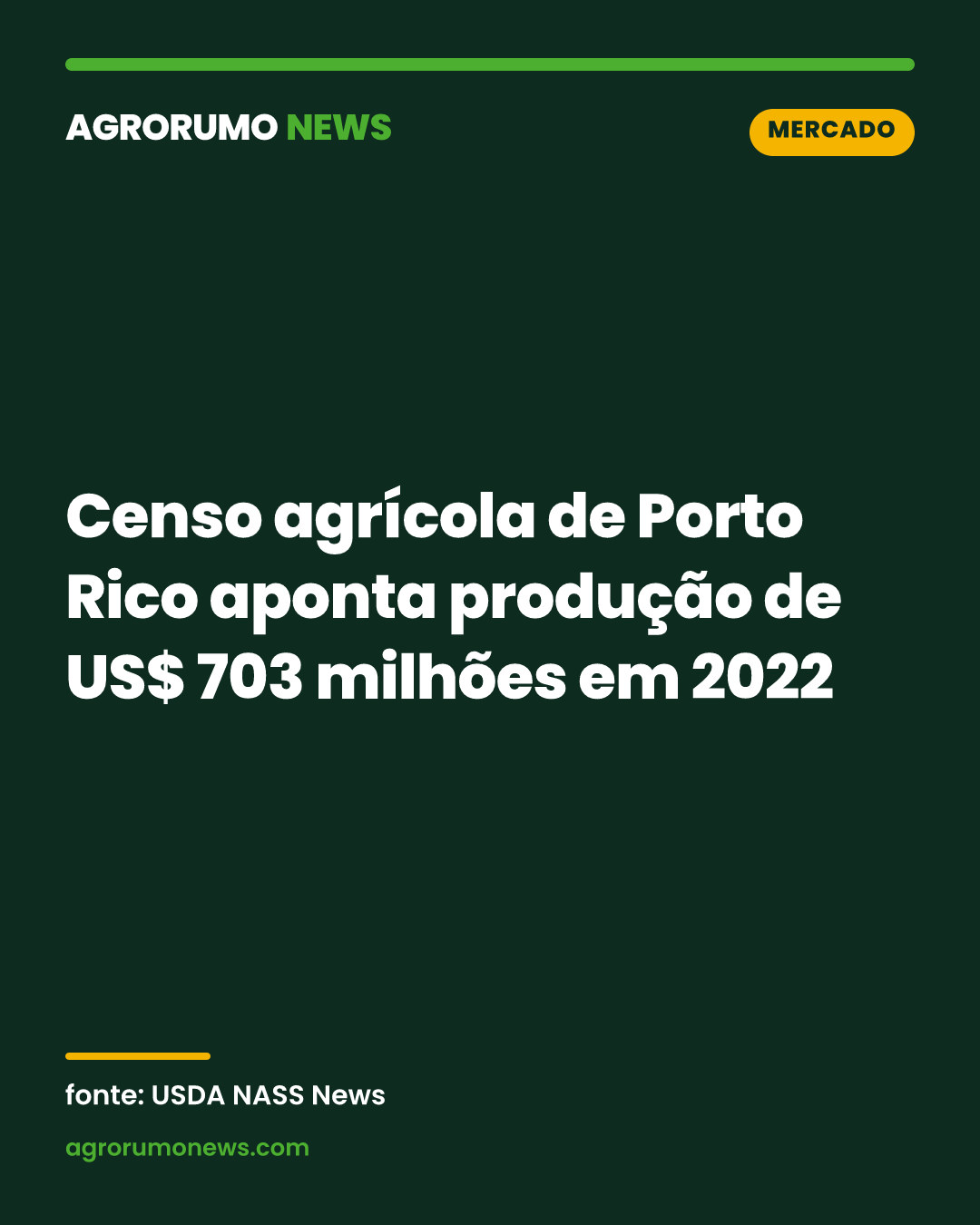Censo agrícola de Porto Rico aponta produção de US$ 703 milhões em 2022