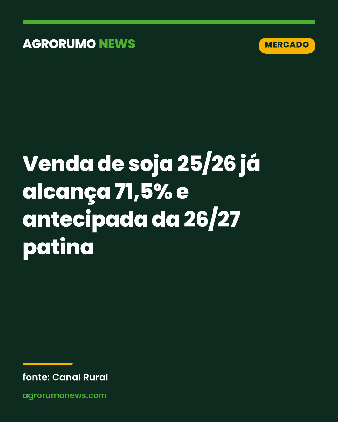 Venda de soja 25/26 já alcança 71,5% e antecipada da 26/27 patina