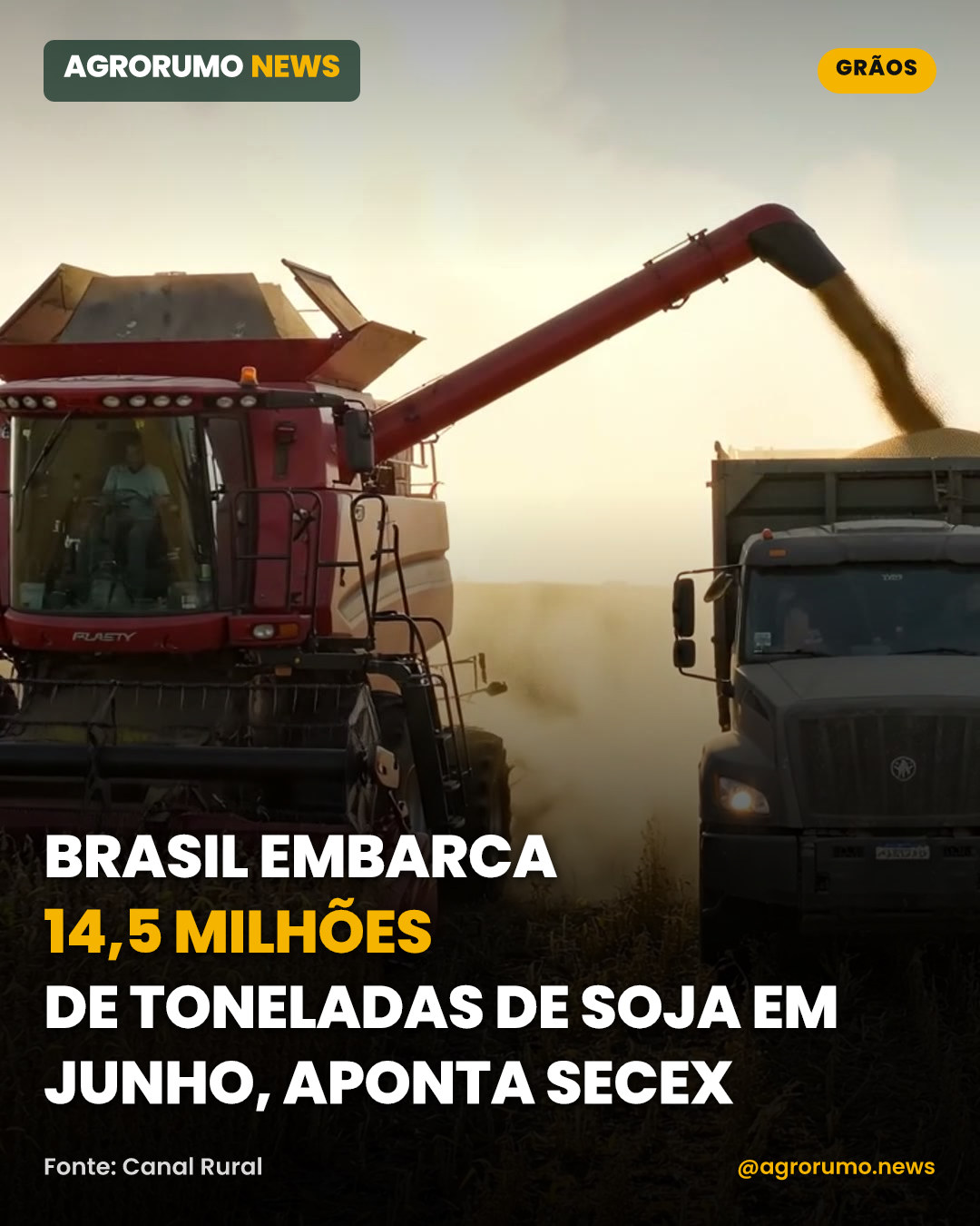 Brasil embarca 14,5 milhões de toneladas de soja em junho, aponta Secex