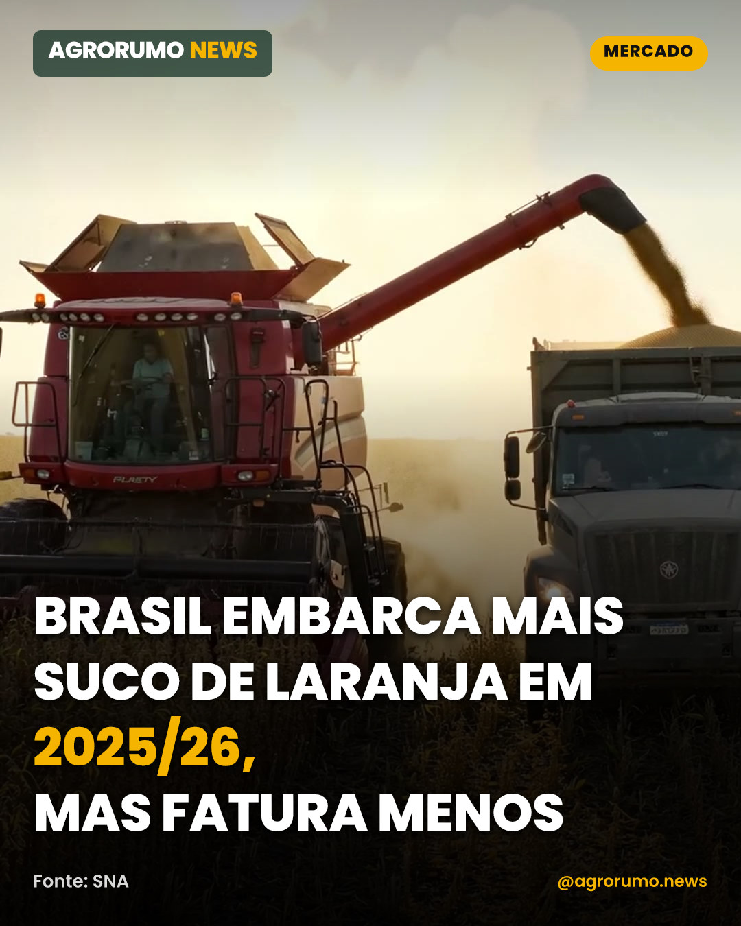 Brasil embarca mais suco de laranja em 2025/26, mas fatura menos