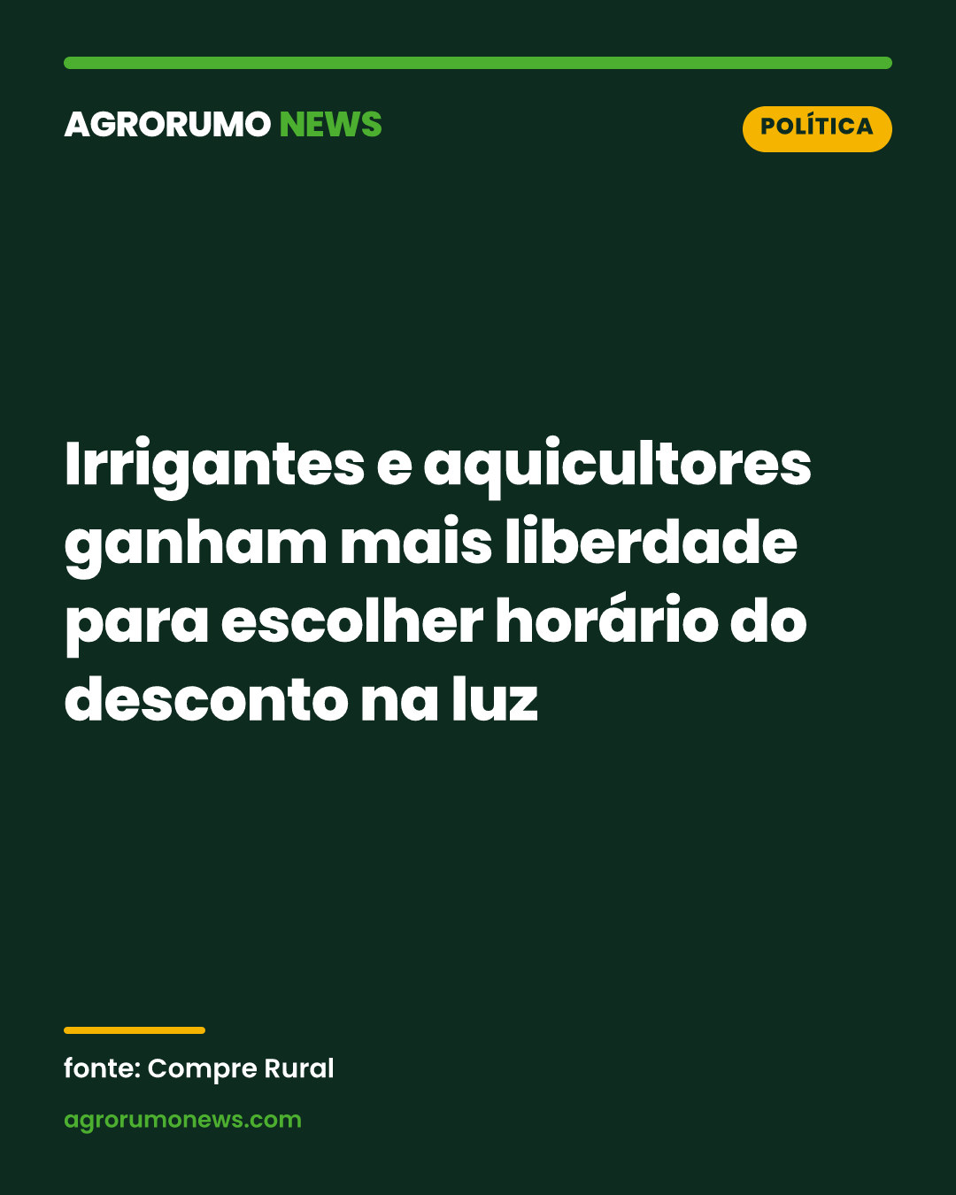 Irrigantes e aquicultores ganham mais liberdade para escolher horário do desconto na luz