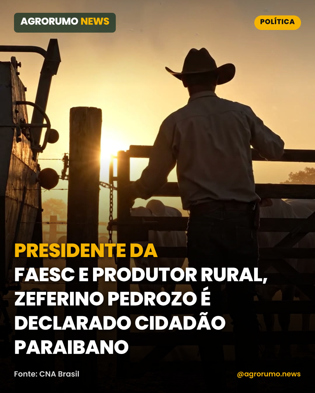 Presidente da Faesc e produtor rural, Zeferino Pedrozo é declarado cidadão paraibano
