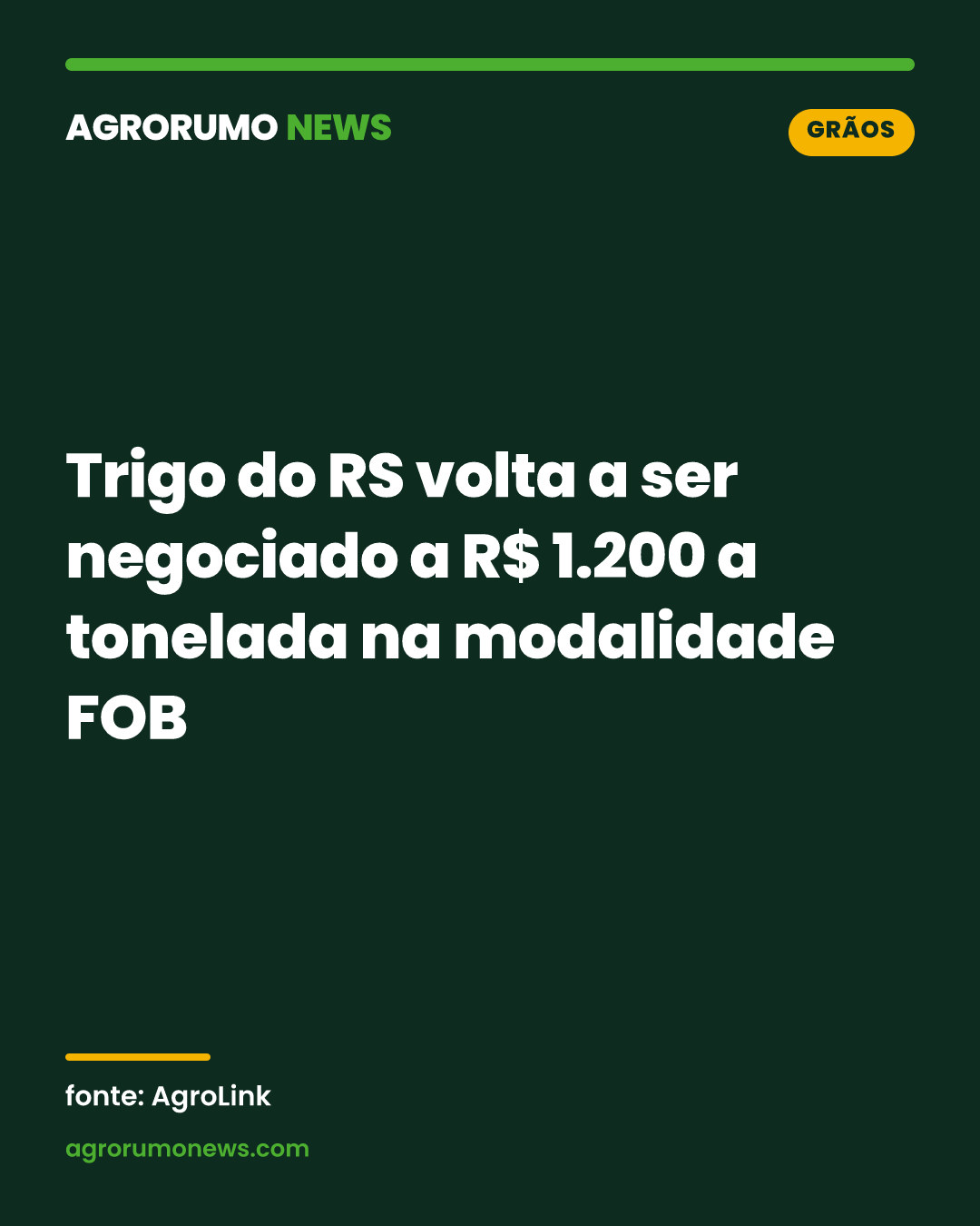 Trigo do RS volta a ser negociado a R$ 1.200 a tonelada na modalidade FOB