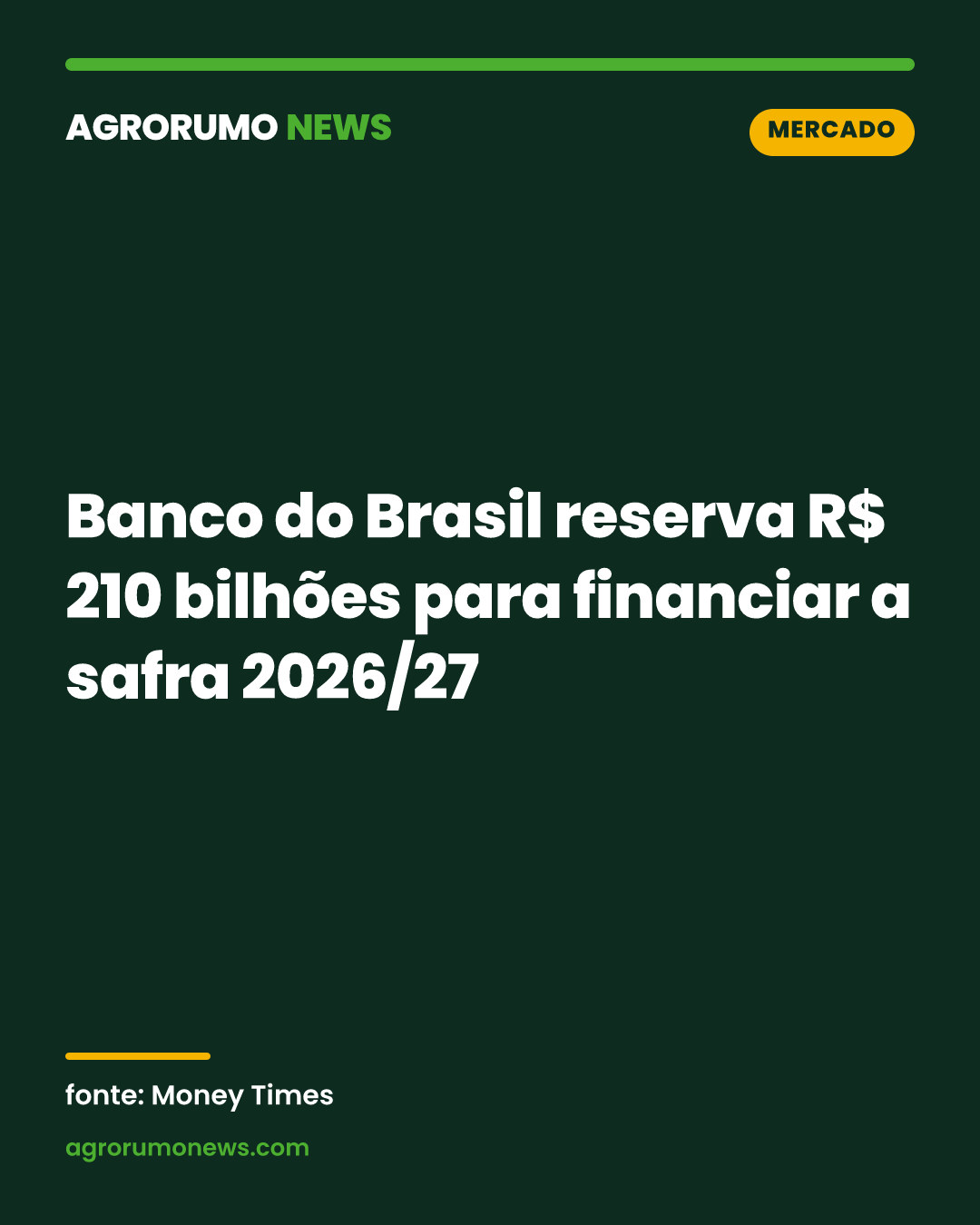 Banco do Brasil reserva R$ 210 bilhões para financiar a safra 2026/27
