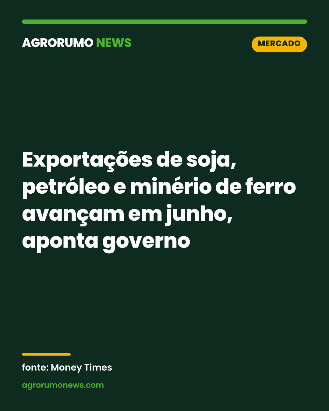 Exportações de soja, petróleo e minério de ferro avançam em junho, aponta governo