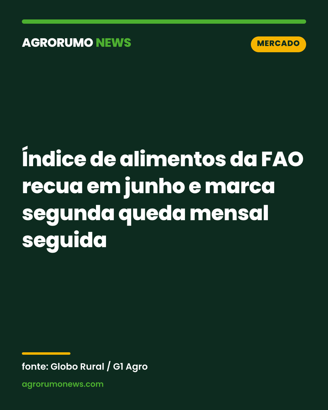 Índice de alimentos da FAO recua em junho e marca segunda queda mensal seguida