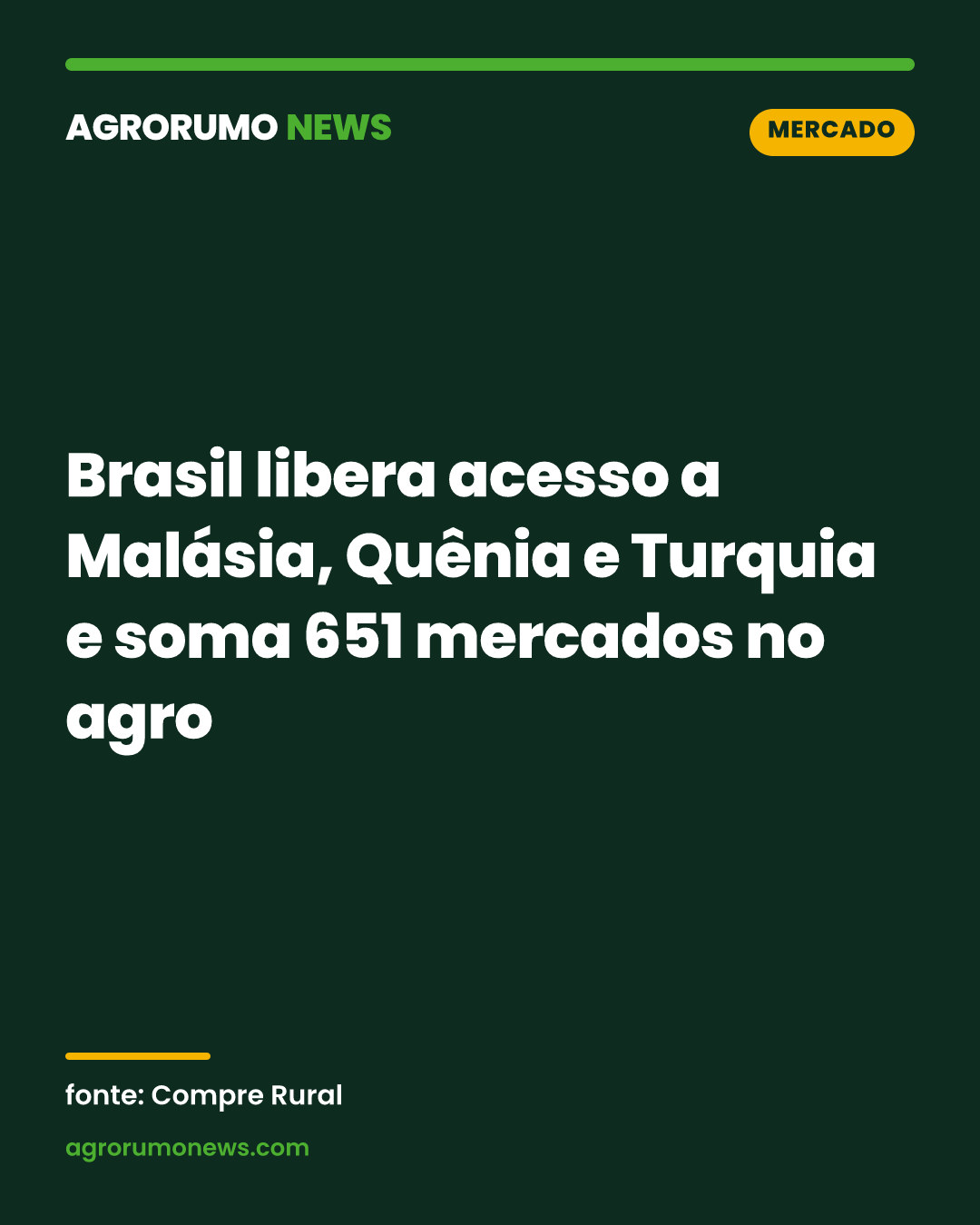 Brasil libera acesso a Malásia, Quênia e Turquia e soma 651 mercados no agro