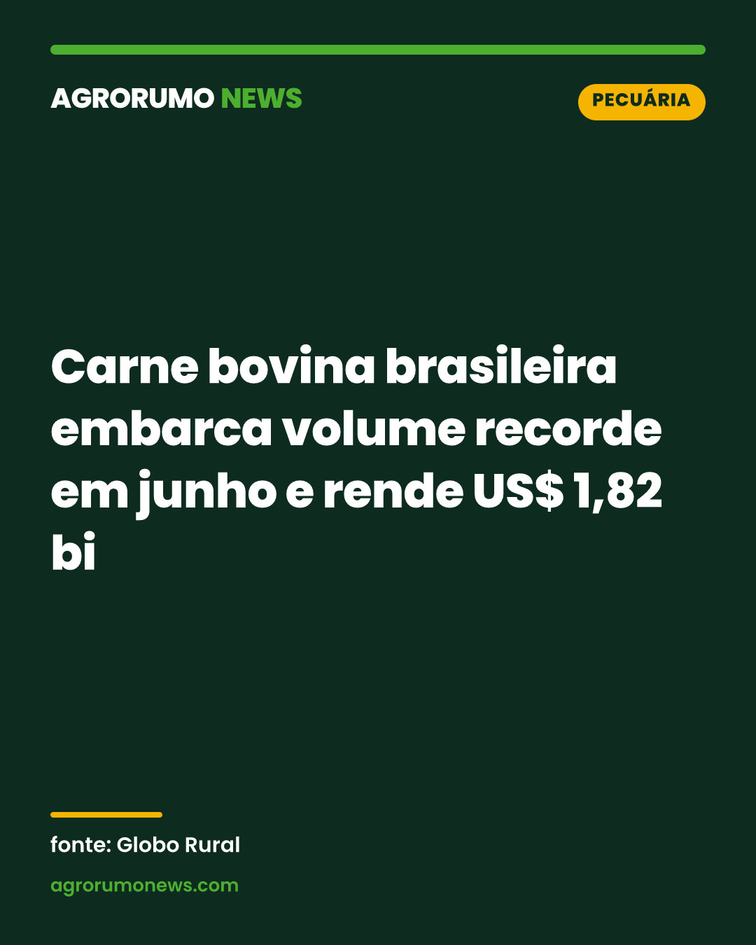Carne bovina brasileira embarca volume recorde em junho e rende US$ 1,82 bi