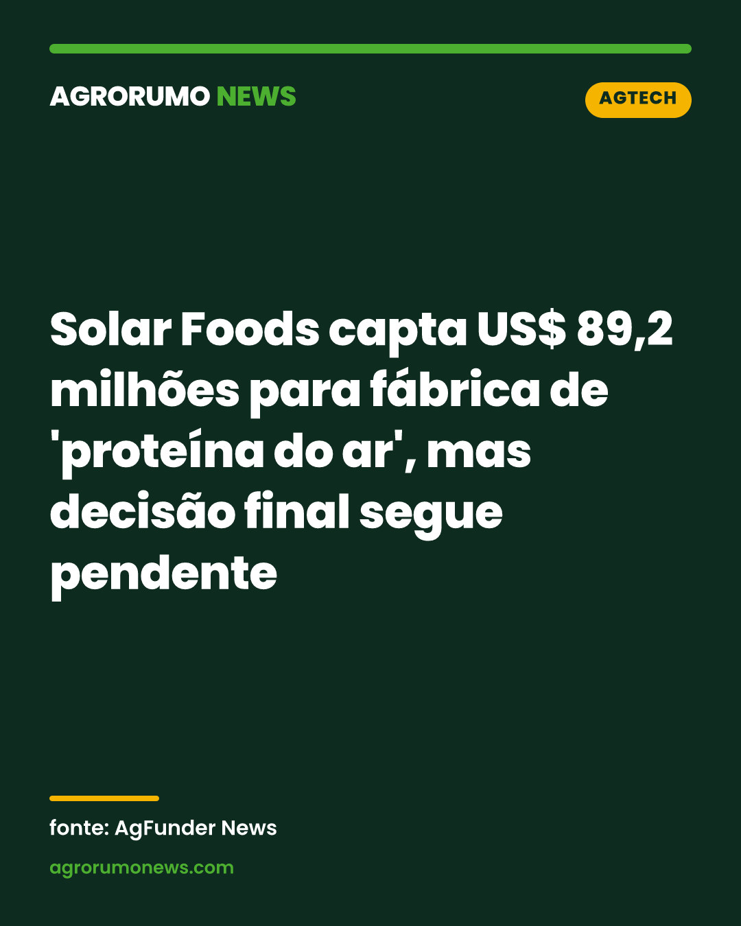 Solar Foods capta US$ 89,2 milhões para fábrica de 'proteína do ar', mas decisão final segue pendente