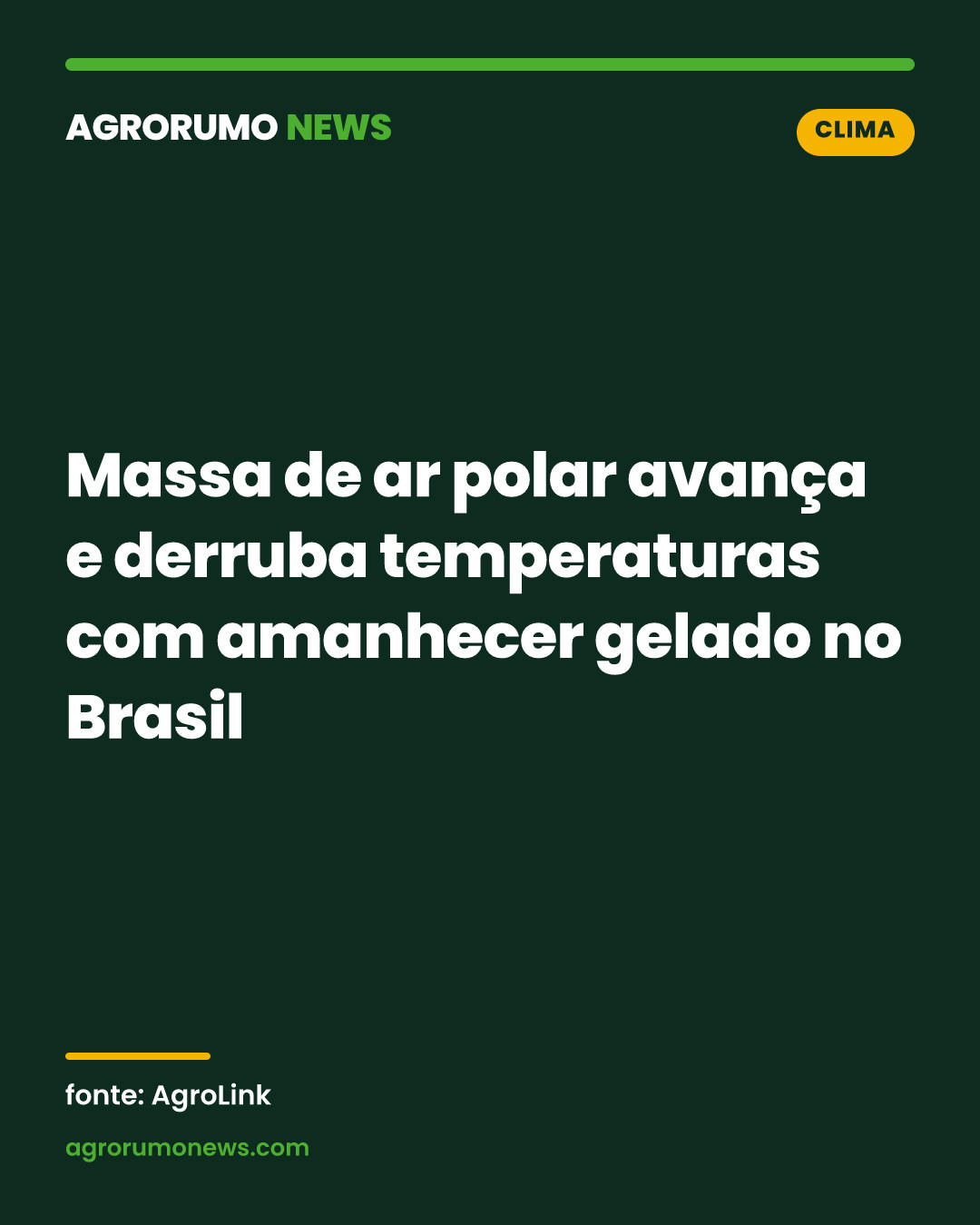 Massa de ar polar avança e derruba temperaturas com amanhecer gelado no Brasil
