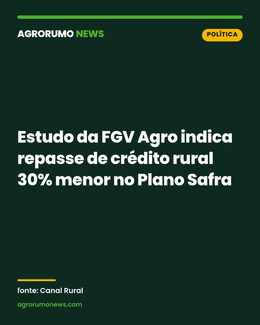 Estudo da FGV Agro indica repasse de crédito rural 30% menor no Plano Safra