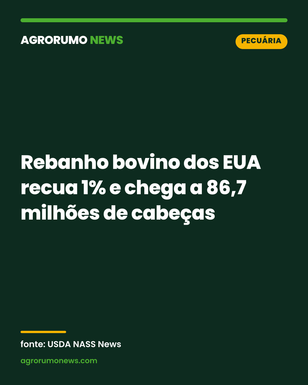 Rebanho bovino dos EUA recua 1% e chega a 86,7 milhões de cabeças