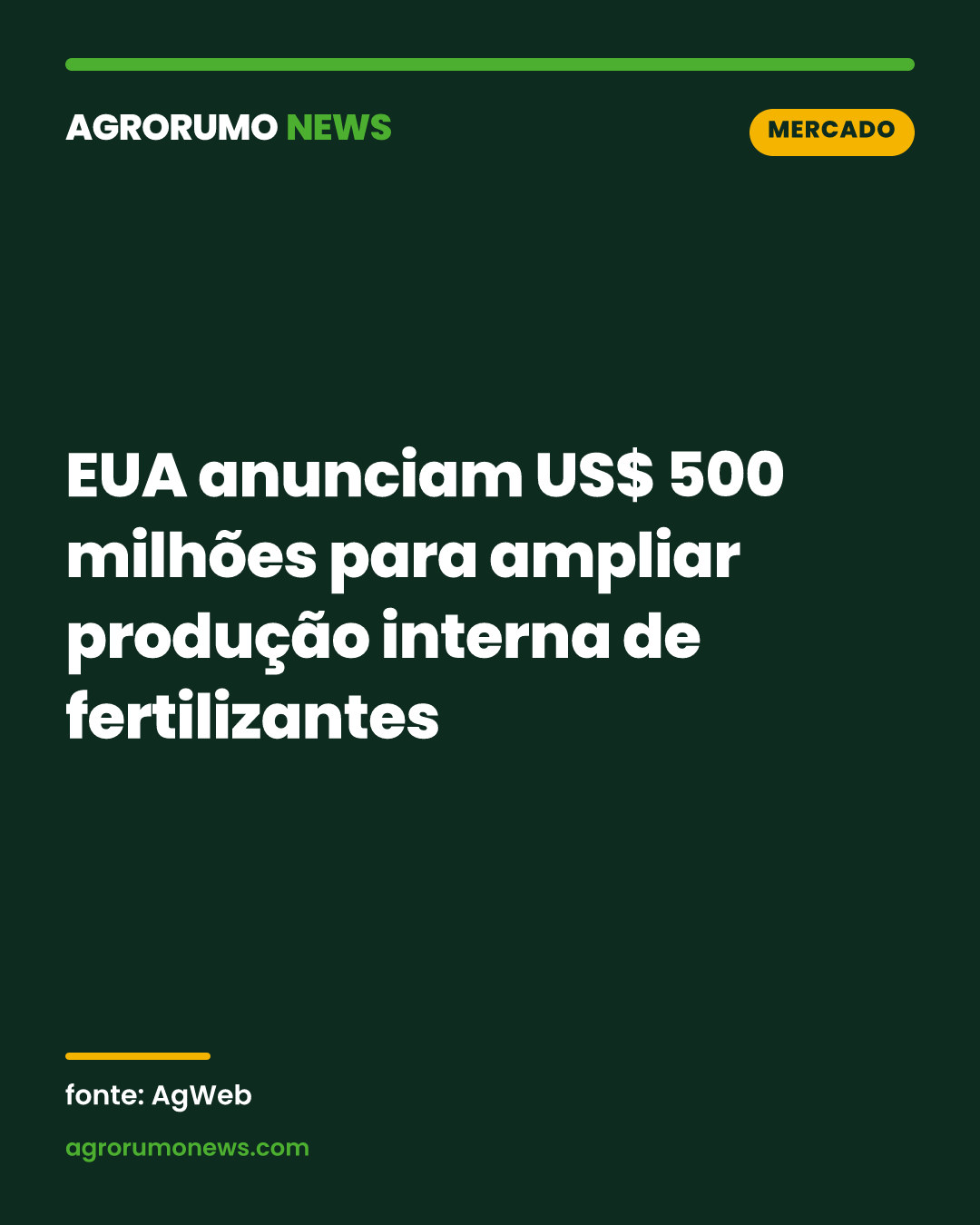 EUA anunciam US$ 500 milhões para ampliar produção interna de fertilizantes