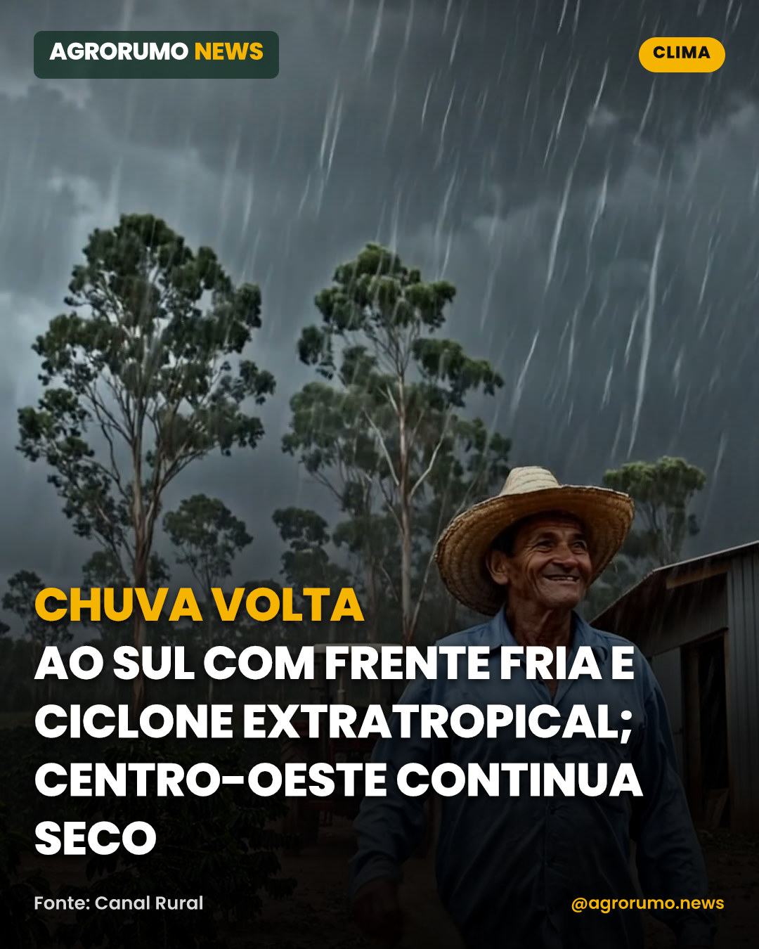 Chuva volta ao Sul com frente fria e ciclone extratropical; Centro-Oeste continua seco