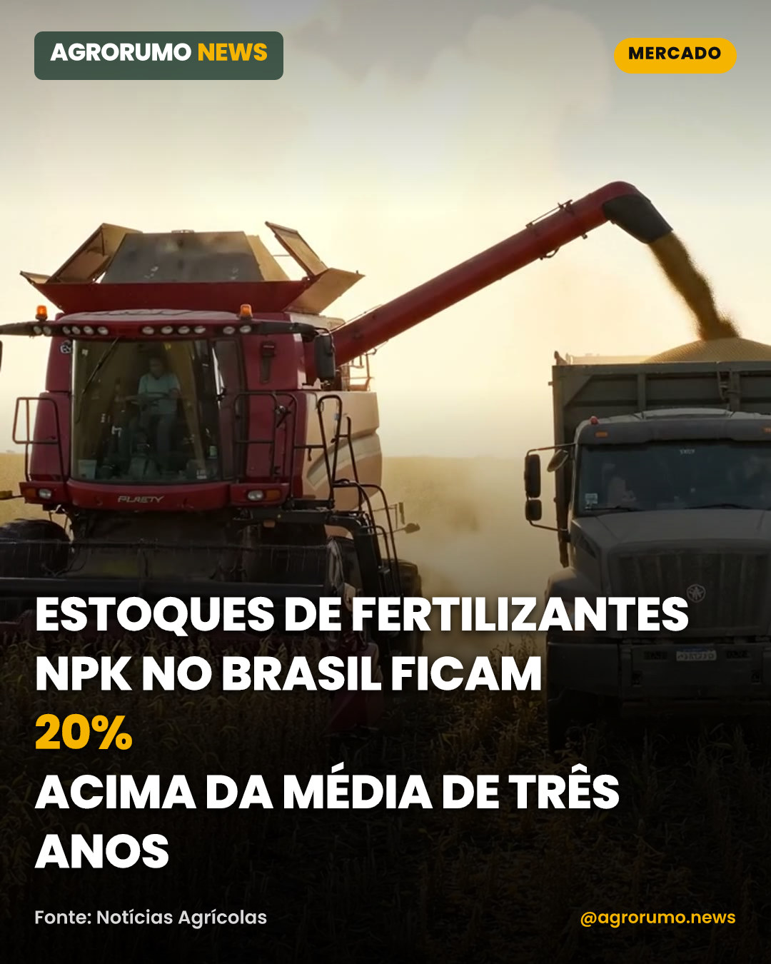 Estoques de fertilizantes NPK no Brasil ficam 20% acima da média de três anos