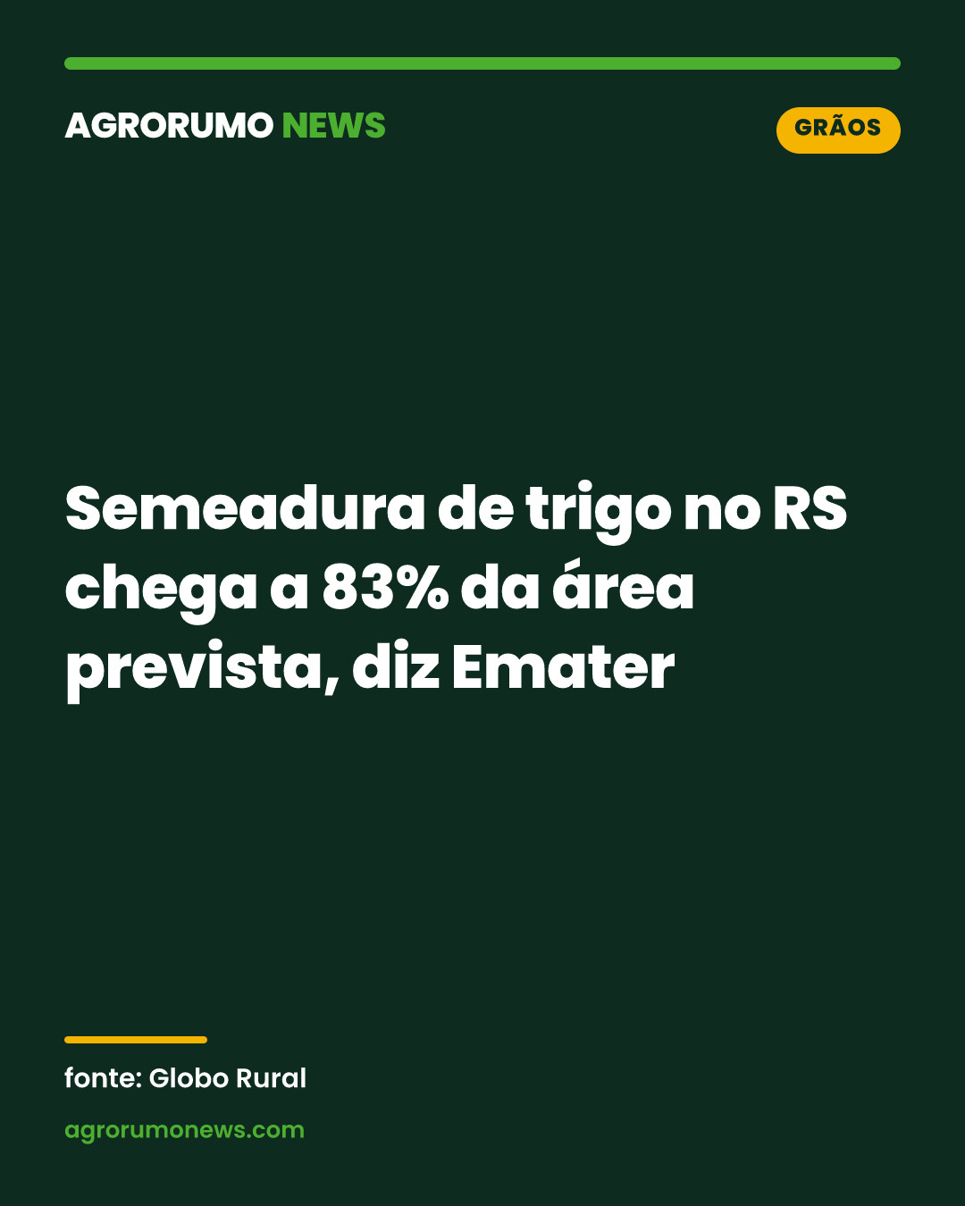 Semeadura de trigo no RS chega a 83% da área prevista, diz Emater