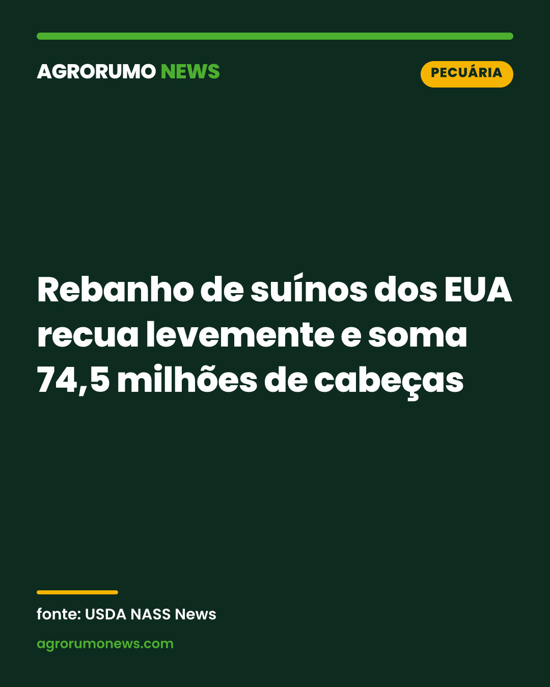 Rebanho de suínos dos EUA recua levemente e soma 74,5 milhões de cabeças