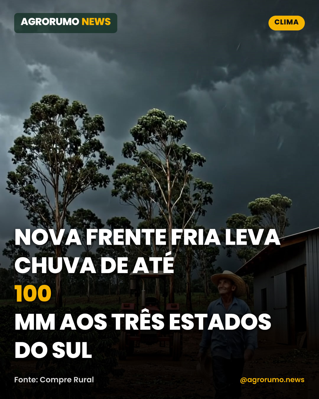 Nova frente fria leva chuva de até 100 mm aos três estados do Sul