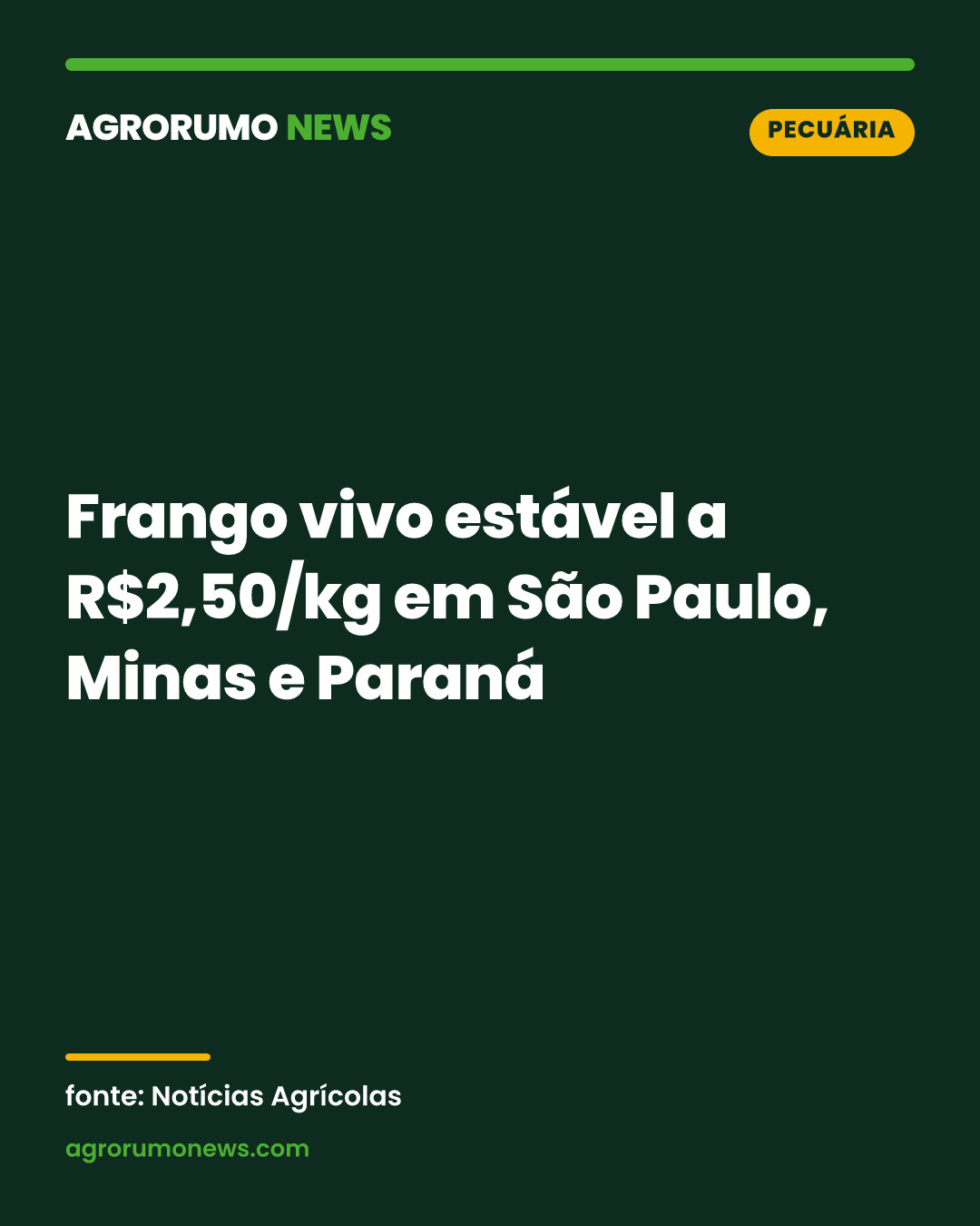 Frango vivo estável a R$2,50/kg em São Paulo, Minas e Paraná