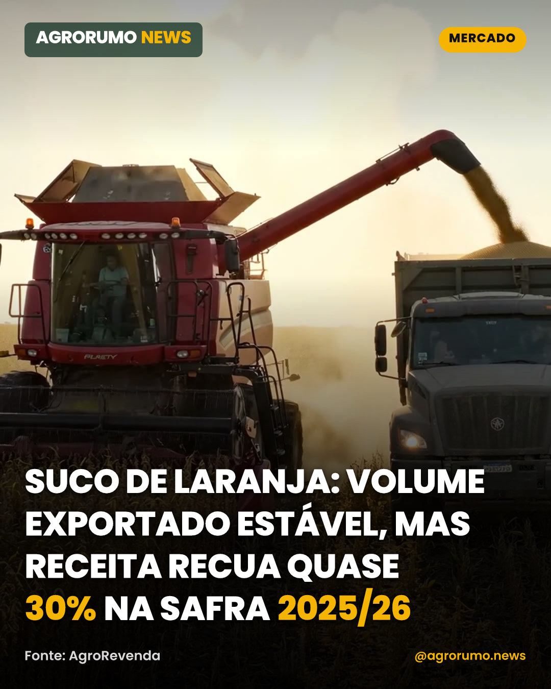Suco de laranja: volume exportado estável, mas receita recua quase 30% na safra 2025/26