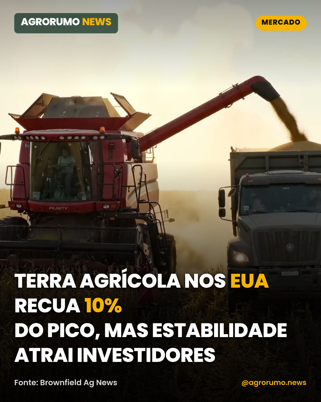 Terra agrícola nos EUA recua 10% do pico, mas estabilidade atrai investidores
