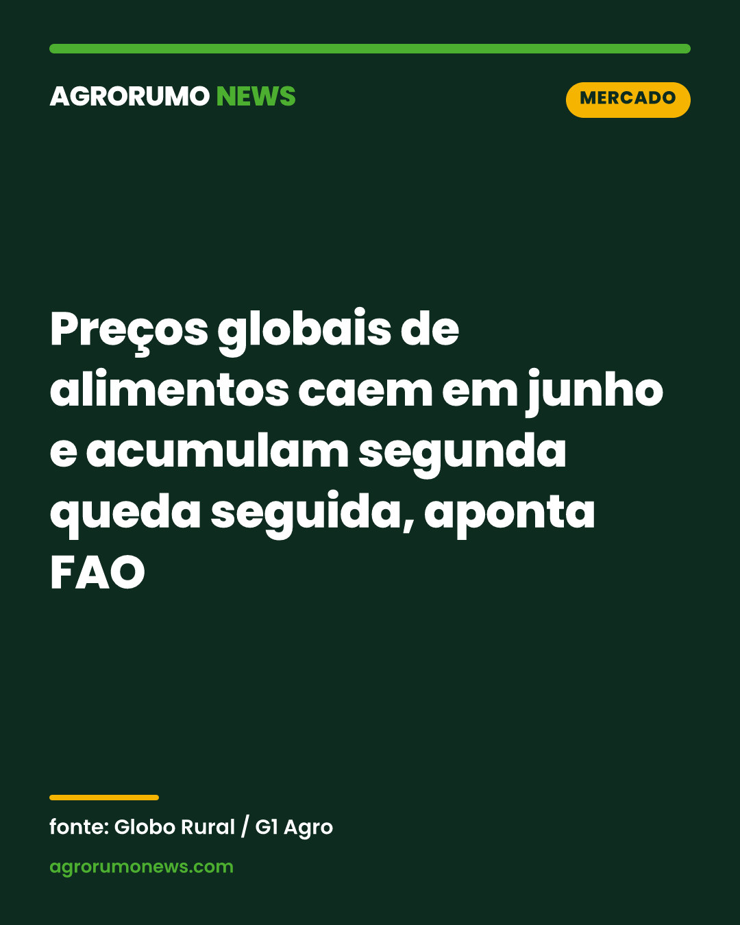 Preços globais de alimentos caem em junho e acumulam segunda queda seguida, aponta FAO