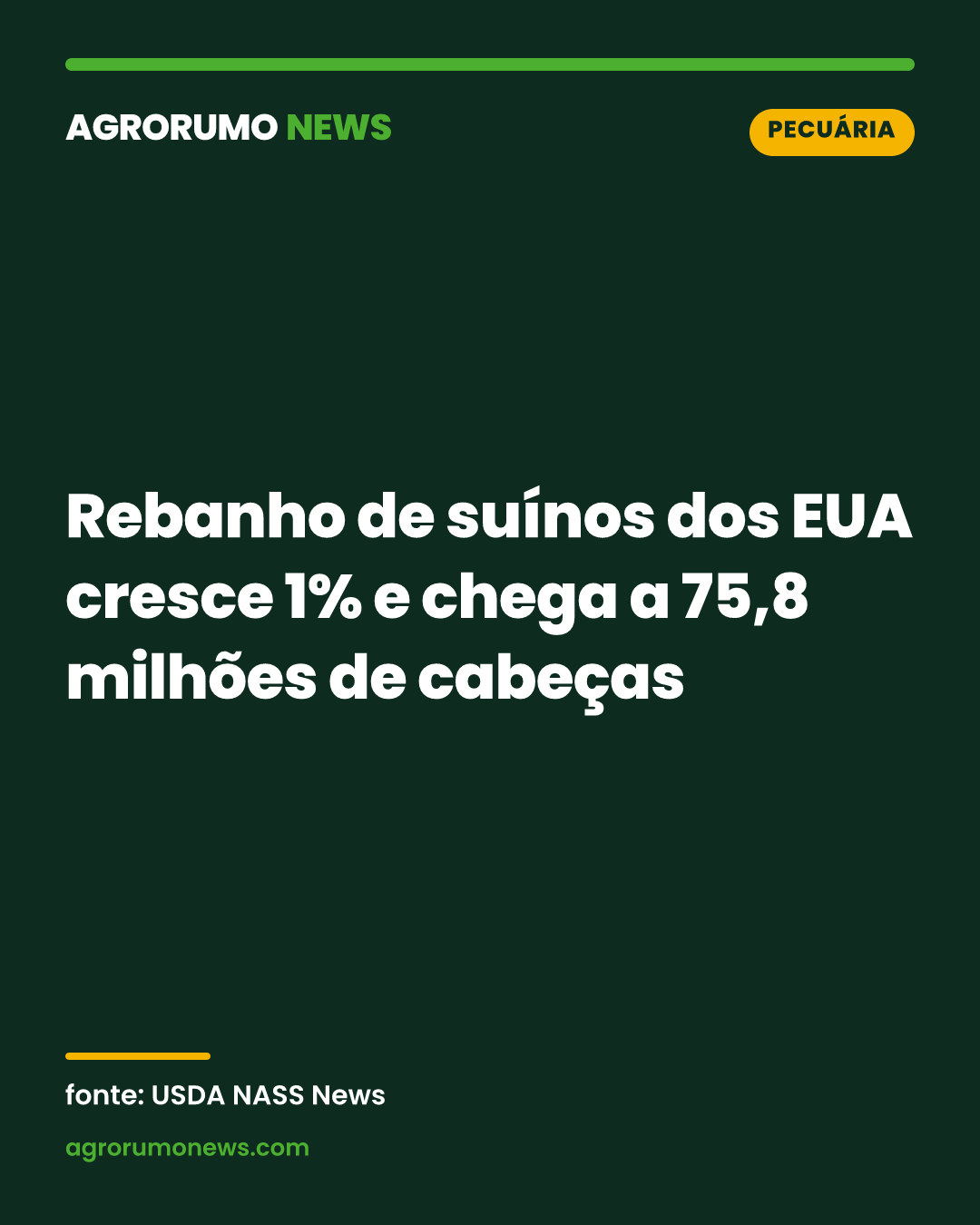 Rebanho de suínos dos EUA cresce 1% e chega a 75,8 milhões de cabeças