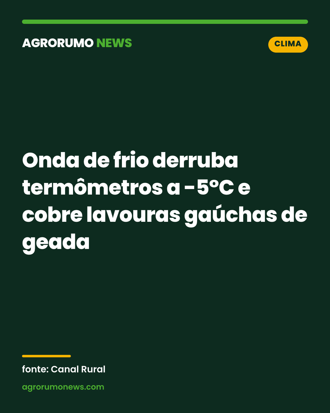 Onda de frio derruba termômetros a -5°C e cobre lavouras gaúchas de geada