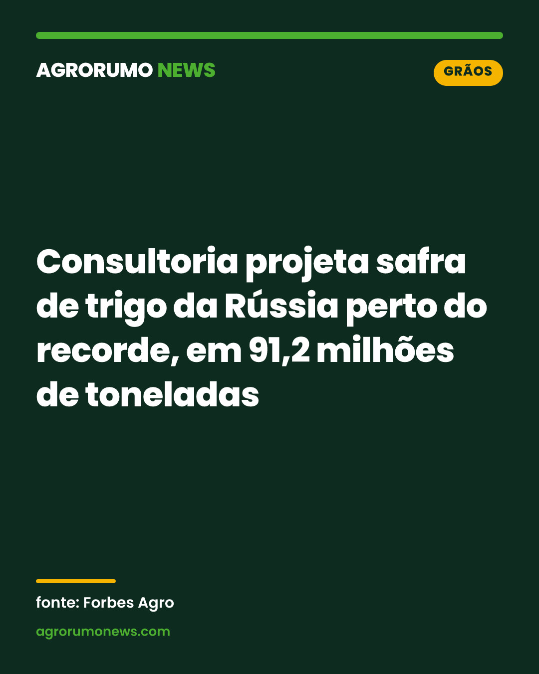 Consultoria projeta safra de trigo da Rússia perto do recorde, em 91,2 milhões de toneladas