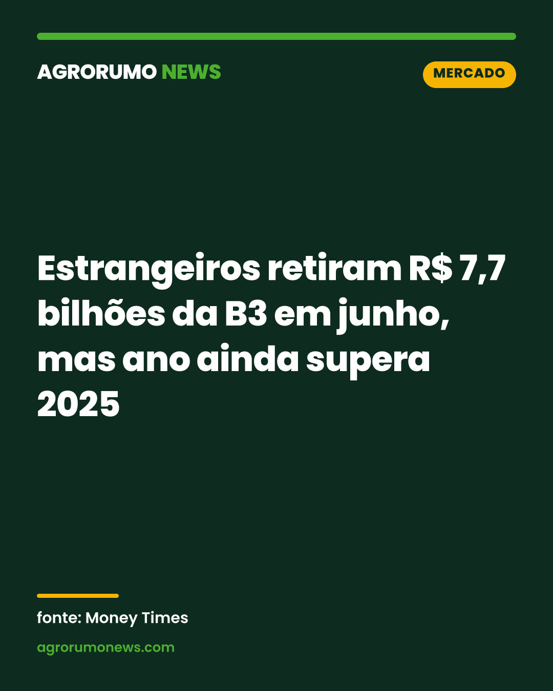 Estrangeiros retiram R$ 7,7 bilhões da B3 em junho, mas ano ainda supera 2025