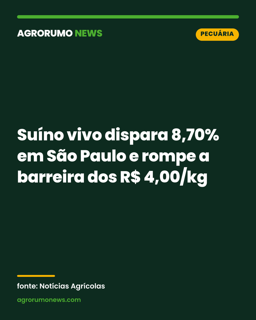 Suíno vivo dispara 8,70% em São Paulo e rompe a barreira dos R$ 4,00/kg