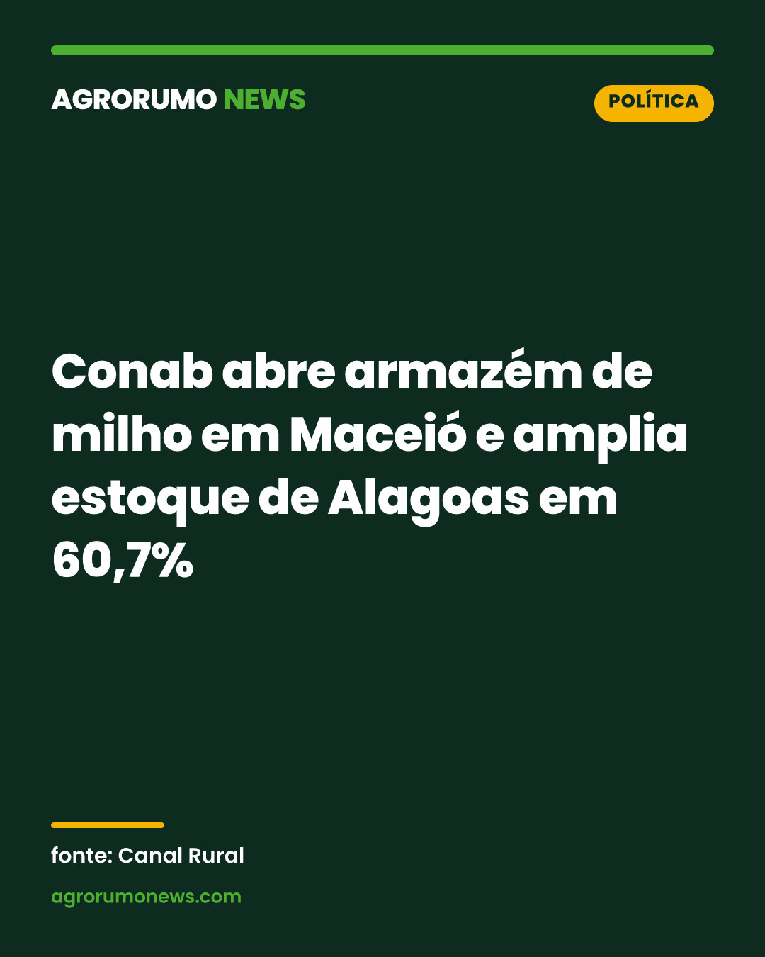 Conab abre armazém de milho em Maceió e amplia estoque de Alagoas em 60,7%