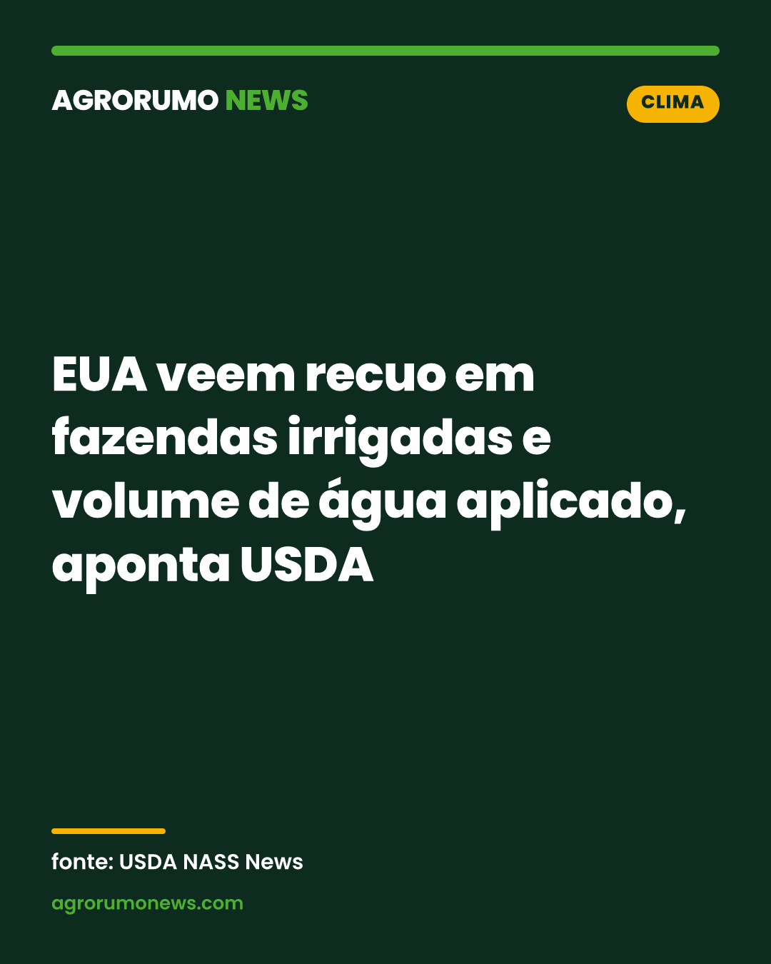 EUA veem recuo em fazendas irrigadas e volume de água aplicado, aponta USDA