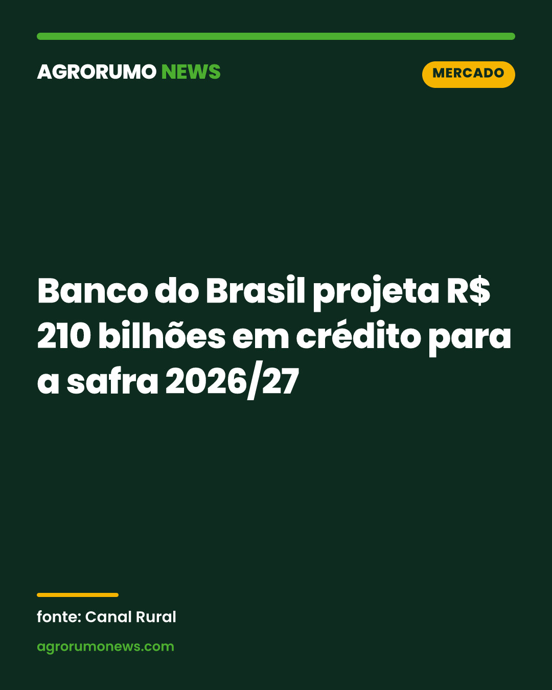 Banco do Brasil projeta R$ 210 bilhões em crédito para a safra 2026/27