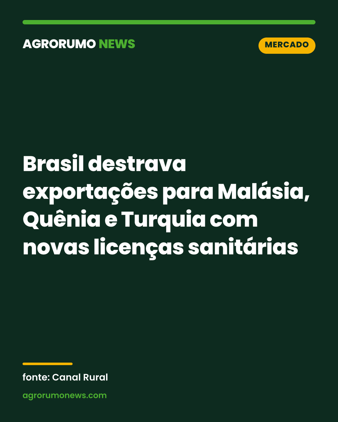 Brasil destrava exportações para Malásia, Quênia e Turquia com novas licenças sanitárias