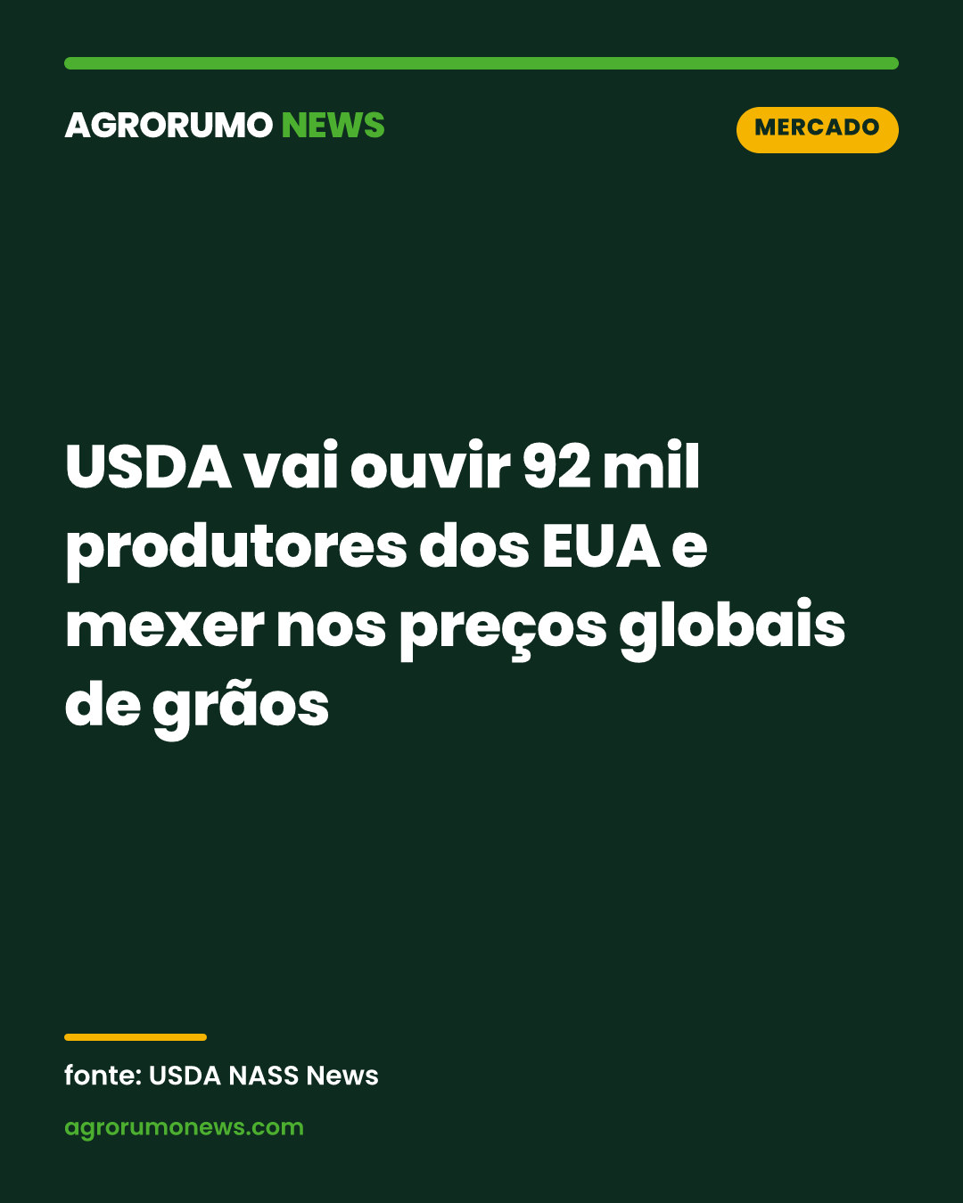 USDA vai ouvir 92 mil produtores dos EUA e mexer nos preços globais de grãos