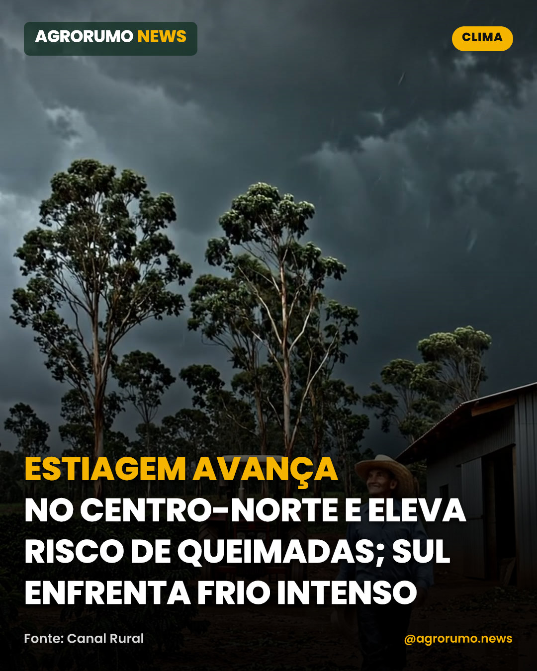 Estiagem avança no Centro-Norte e eleva risco de queimadas; Sul enfrenta frio intenso