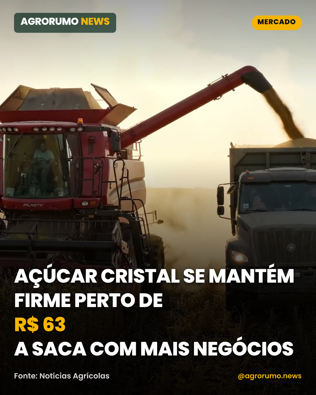 Açúcar cristal se mantém firme perto de R$ 63 a saca com mais negócios