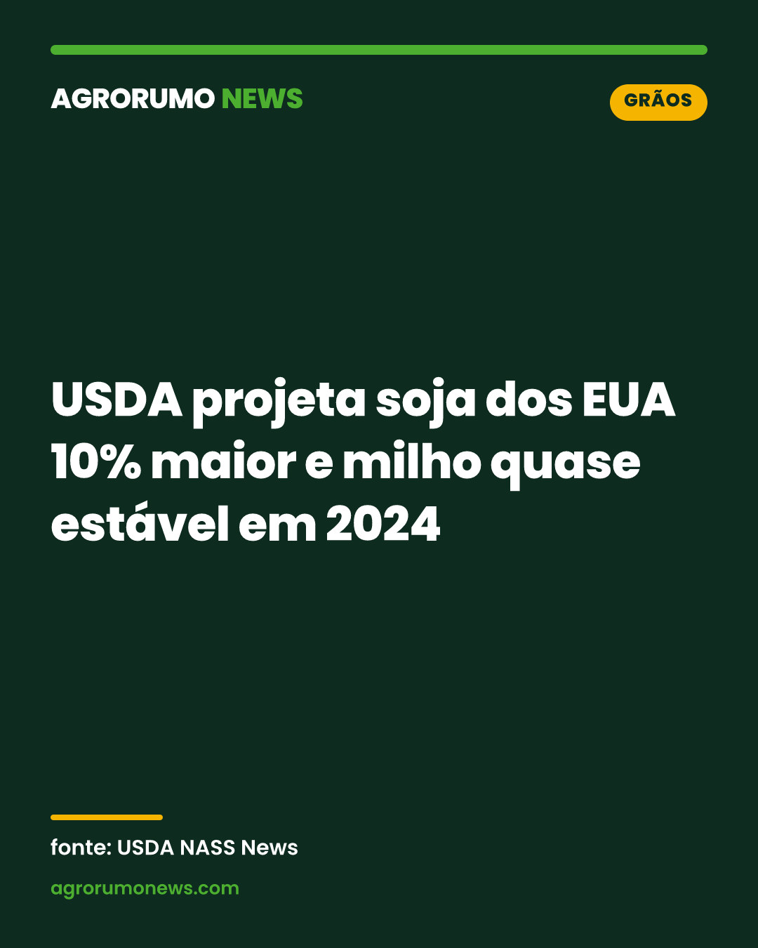 USDA projeta soja dos EUA 10% maior e milho quase estável em 2024