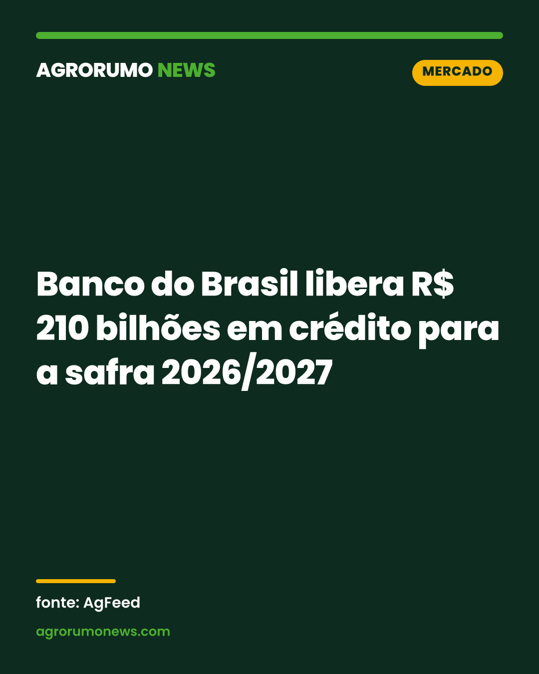 Banco do Brasil libera R$ 210 bilhões em crédito para a safra 2026/2027
