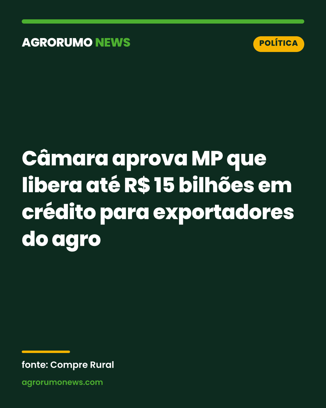 Câmara aprova MP que libera até R$ 15 bilhões em crédito para exportadores do agro