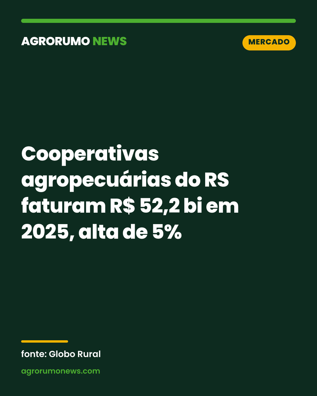 Cooperativas agropecuárias do RS faturam R$ 52,2 bi em 2025, alta de 5%