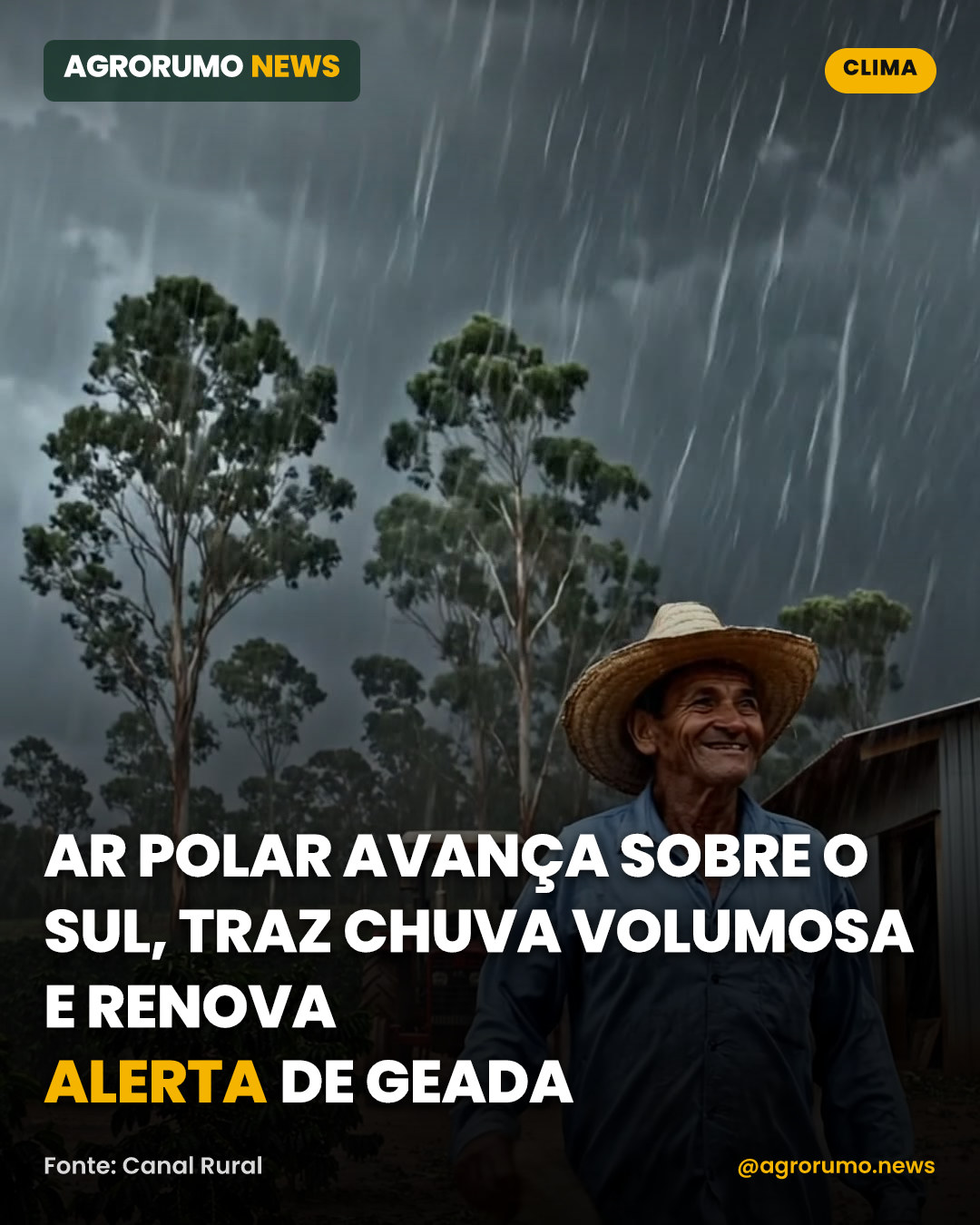Ar polar avança sobre o Sul, traz chuva volumosa e renova alerta de geada